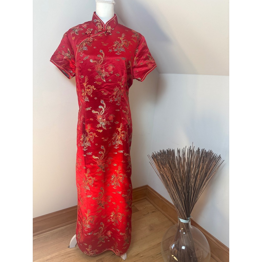 Red Satin Dragon Phoenix Cheongsam Qipao Maxi Dress Traditional Frog Closure